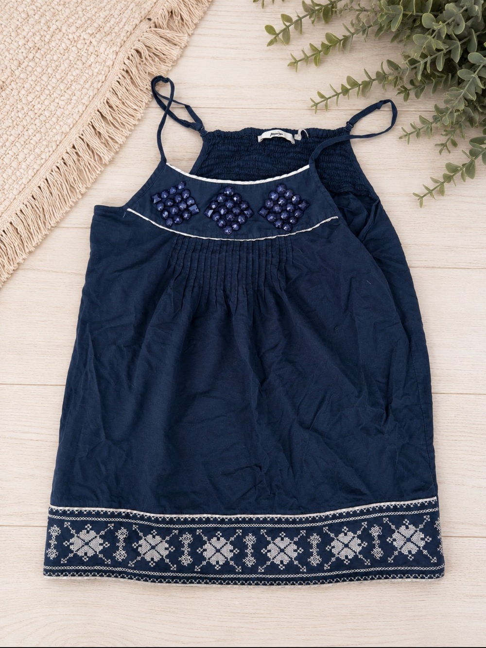 Navy Embroidered Beaded Tank Top